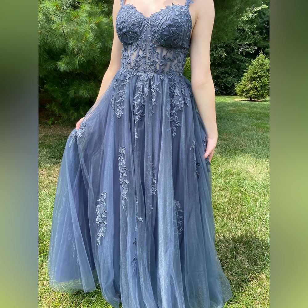 David’s bridal floral applique ballgown with illusion corset
